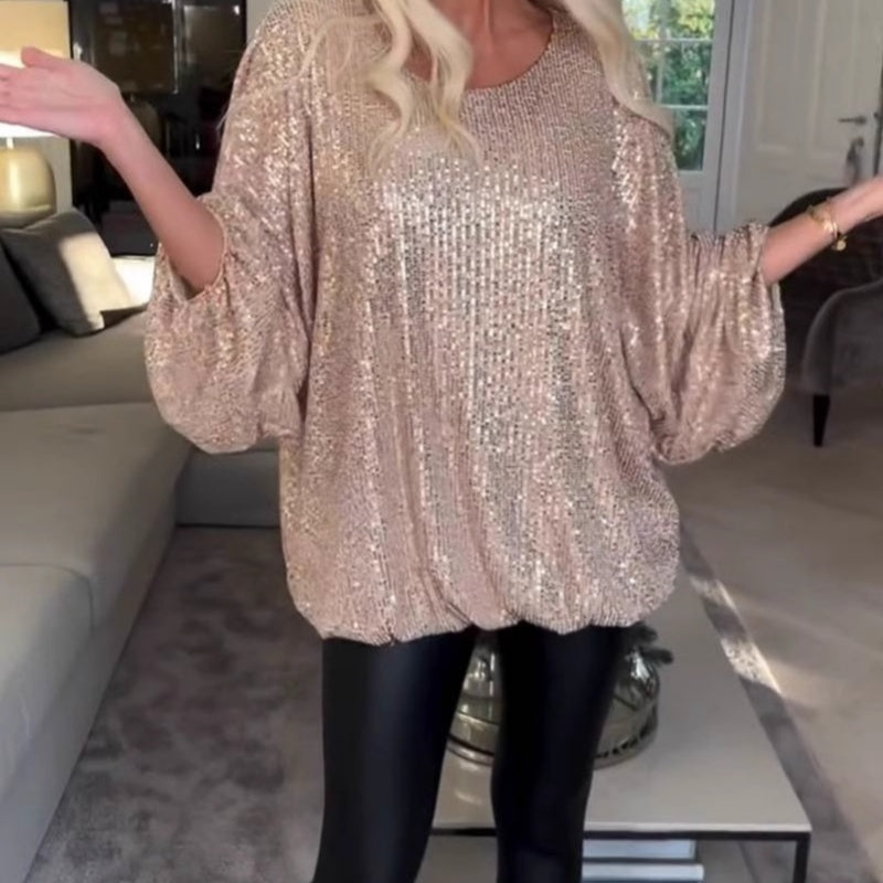 Glimmertop – Pailletbluse med lange Ærmer